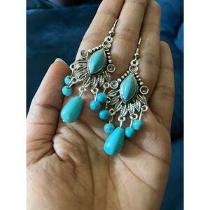 Long Turquoise color earrings , blue chandelier earrings big light blue earrings